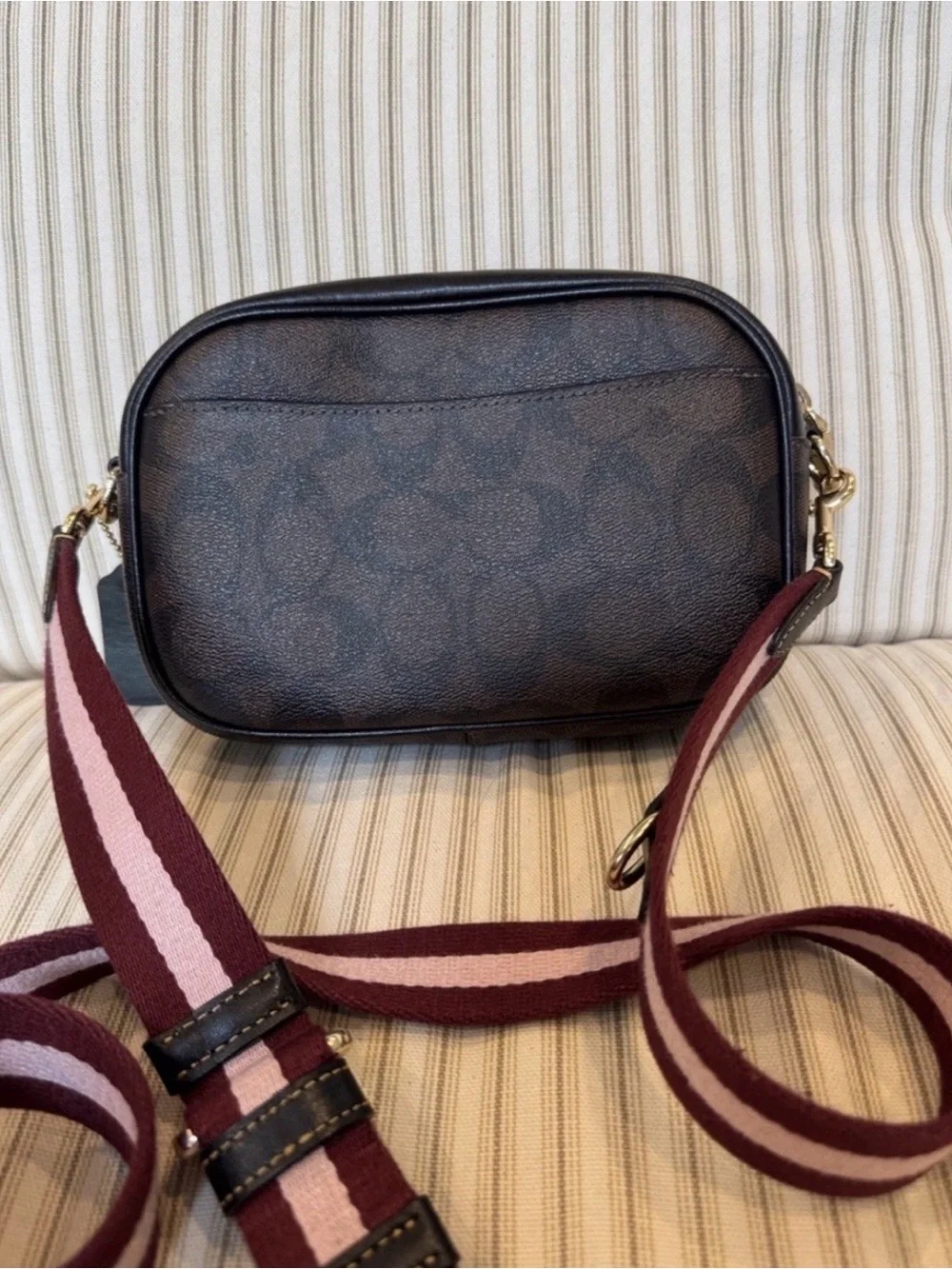 Coach Brown Leather Crossbody Camera Bag with Burgundy Stripe Strap NWOT